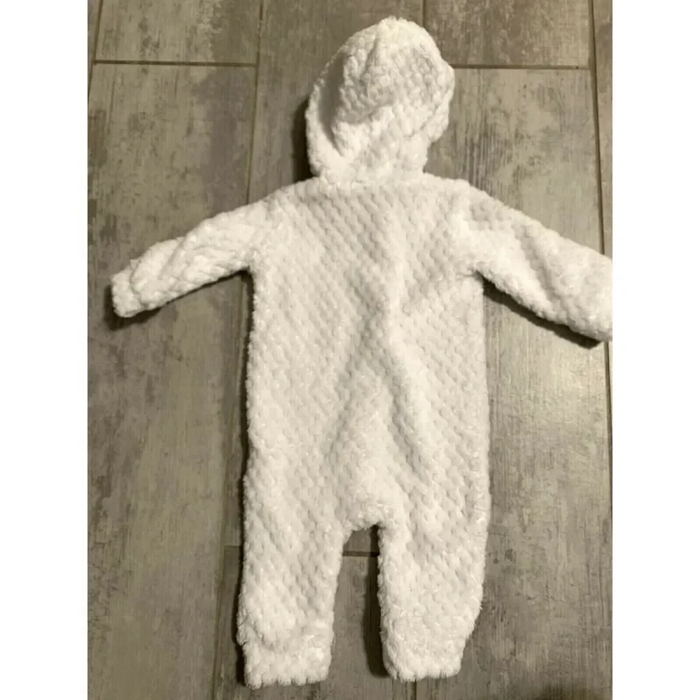 White Christmas Snowman Winter Zip Up Hooded One-Piece Coverall Outfit 3-6 M EUC
